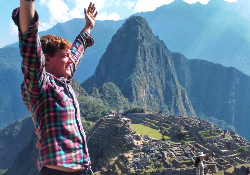 Celebrating making it to the top of the Inca Trail at Machu Picchu